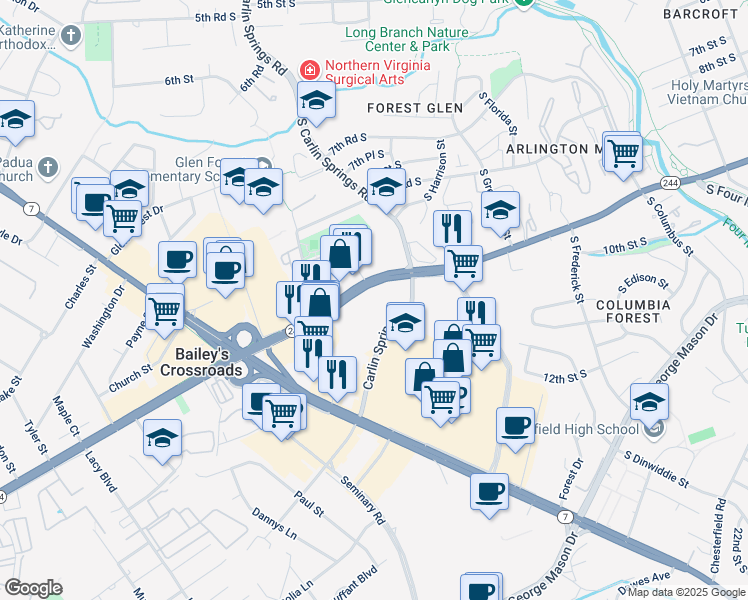 map of restaurants, bars, coffee shops, grocery stores, and more near 5611 Columbia Pike in Falls Church
