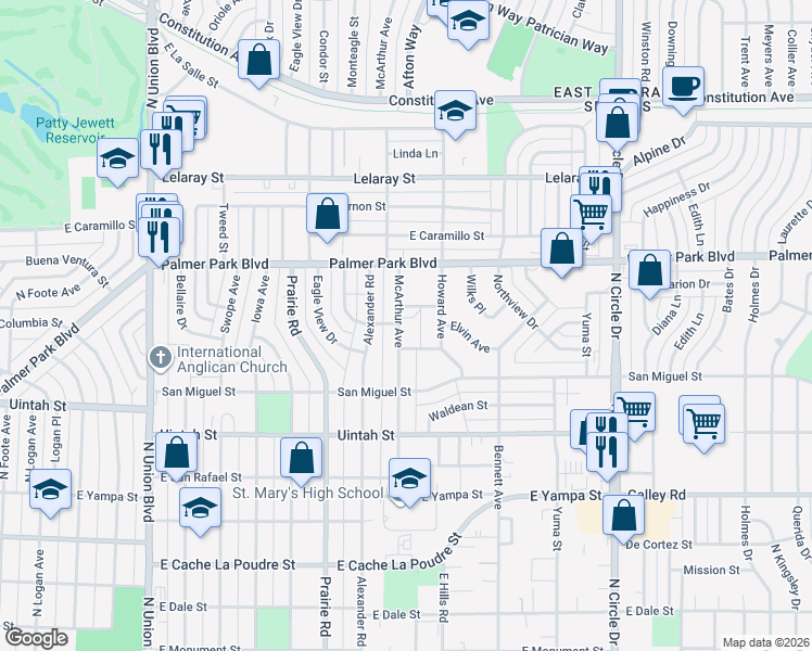map of restaurants, bars, coffee shops, grocery stores, and more near 2504 East Buena Ventura Street in Colorado Springs