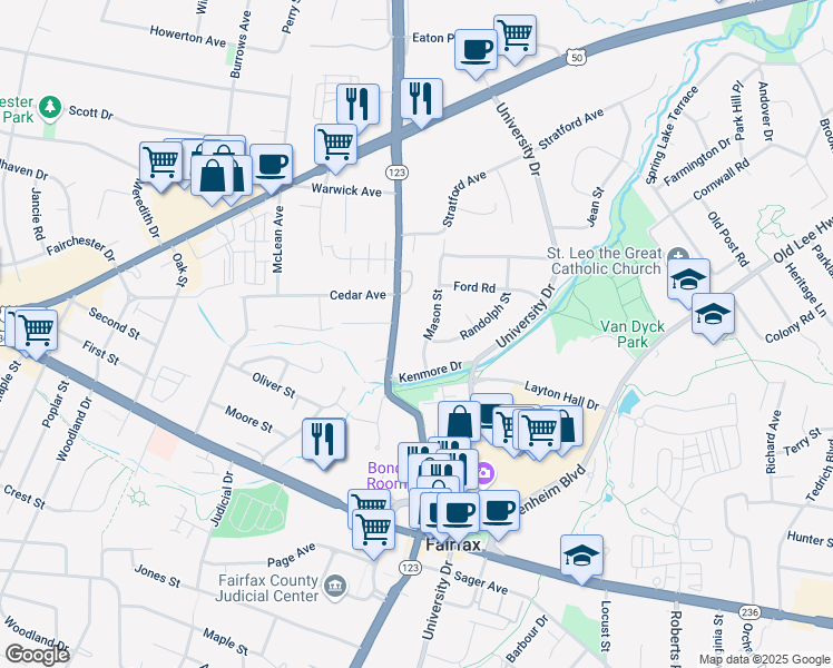 map of restaurants, bars, coffee shops, grocery stores, and more near 3710 Mason Street in Fairfax