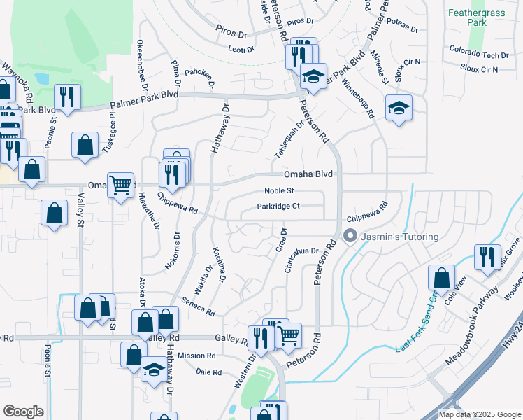 map of restaurants, bars, coffee shops, grocery stores, and more near 6695 Parkridge Court in Colorado Springs