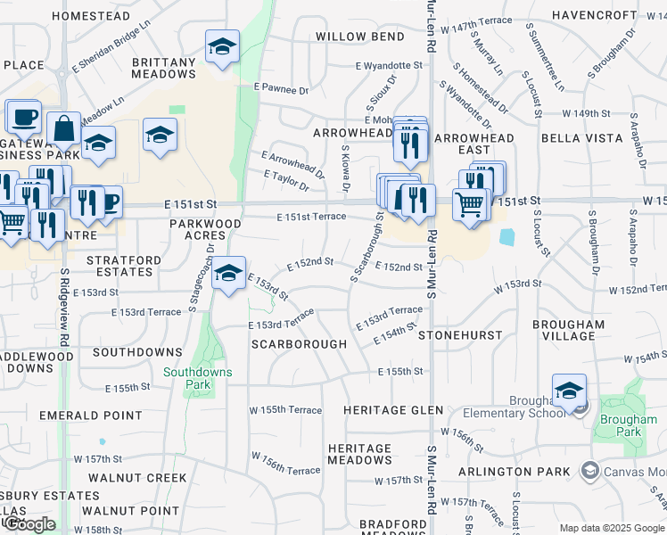 map of restaurants, bars, coffee shops, grocery stores, and more near 2001 East 152nd Street in Olathe