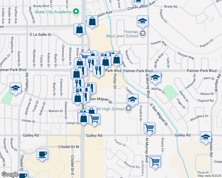 map of restaurants, bars, coffee shops, grocery stores, and more near 1330 Potter Dr in Colorado Springs