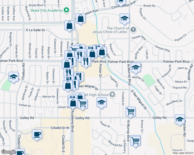 map of restaurants, bars, coffee shops, grocery stores, and more near 1330 Potter Dr in Colorado Springs