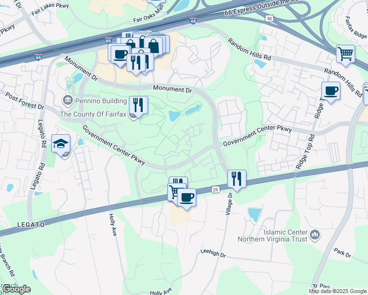 map of restaurants, bars, coffee shops, grocery stores, and more near 11710 Scooter Lane in Fairfax