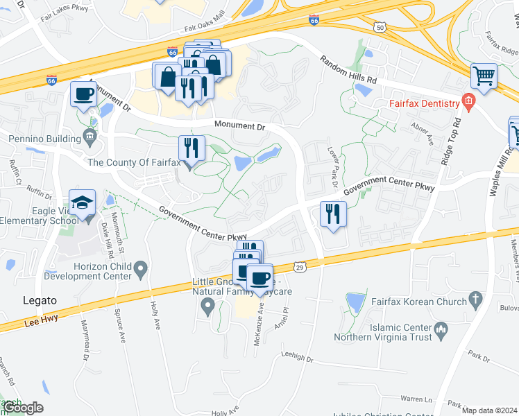 map of restaurants, bars, coffee shops, grocery stores, and more near 11703 Tumbrel Court in Fairfax
