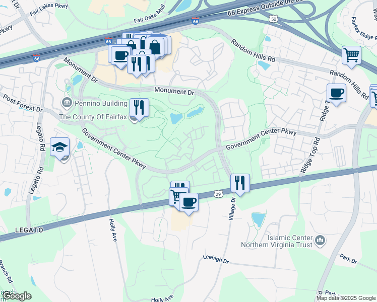 map of restaurants, bars, coffee shops, grocery stores, and more near 11709 Tumbrel Court in Fairfax