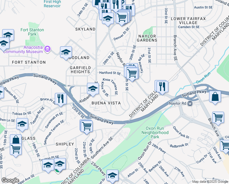 map of restaurants, bars, coffee shops, grocery stores, and more near 2739 Knox Terrace Southeast in Washington