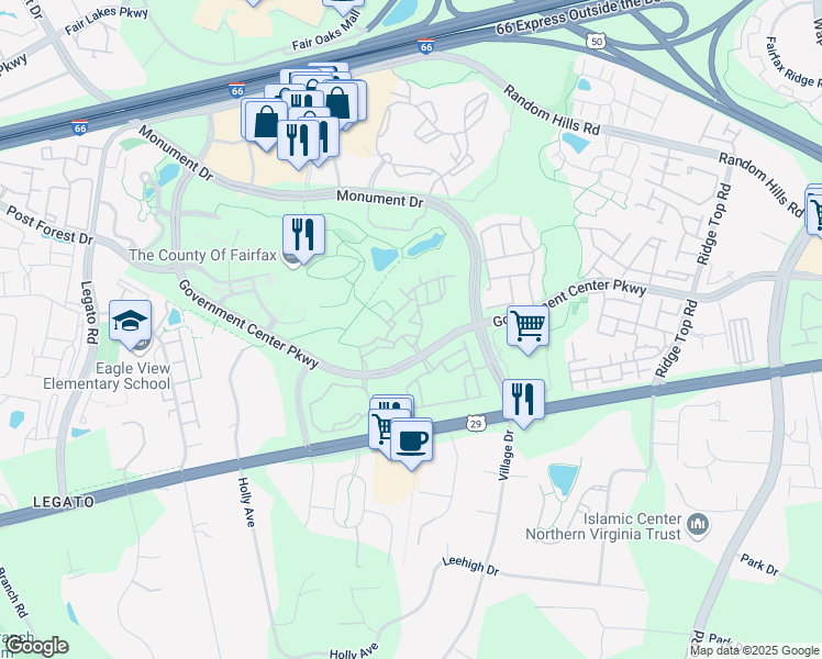 map of restaurants, bars, coffee shops, grocery stores, and more near 11702 Scooter Lane in Fairfax