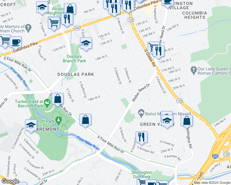 map of restaurants, bars, coffee shops, grocery stores, and more near 1801 South Pollard Street in Arlington