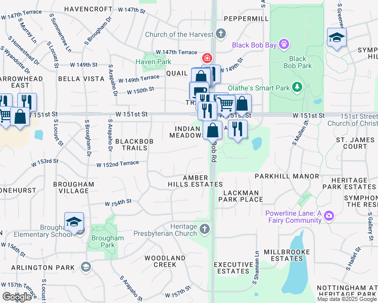 map of restaurants, bars, coffee shops, grocery stores, and more near 15208 West 152nd Street in Olathe