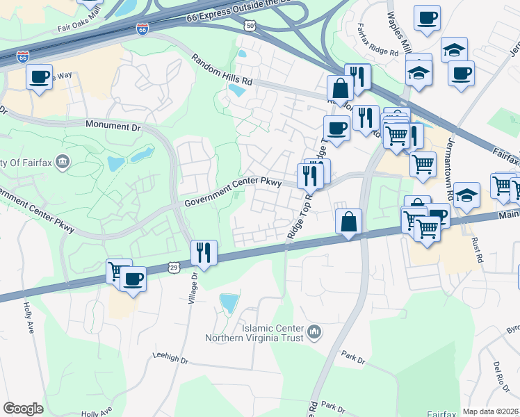 map of restaurants, bars, coffee shops, grocery stores, and more near 4125 River Forth Drive in Fairfax