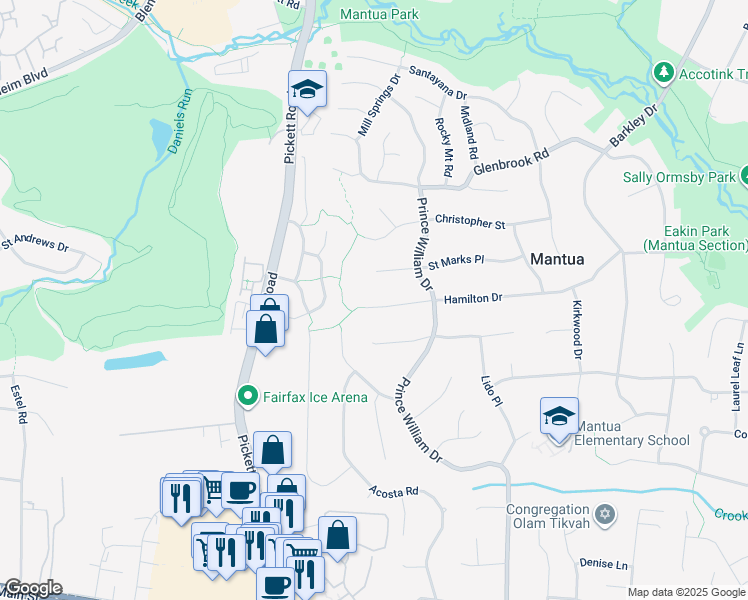 map of restaurants, bars, coffee shops, grocery stores, and more near 9310 Hamilton Drive in Fairfax