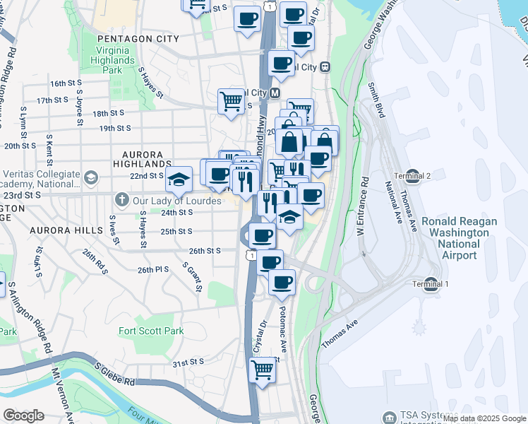 map of restaurants, bars, coffee shops, grocery stores, and more near 2399 Jefferson Davis Highway in Arlington