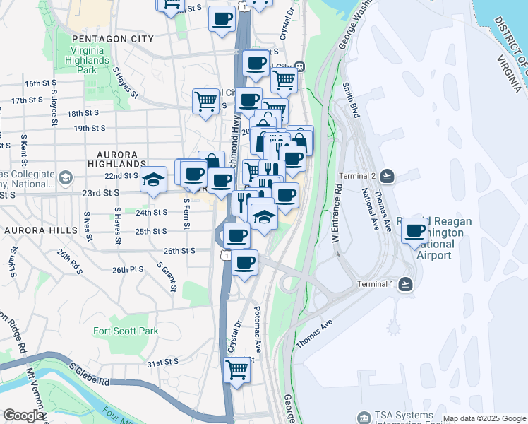 map of restaurants, bars, coffee shops, grocery stores, and more near 2450 Crystal Drive in Arlington