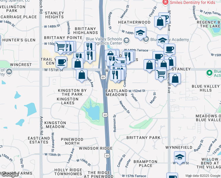 map of restaurants, bars, coffee shops, grocery stores, and more near 15138 Newton Drive in Overland Park