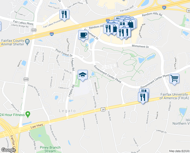 map of restaurants, bars, coffee shops, grocery stores, and more near 4455 Monmouth Street in Fairfax