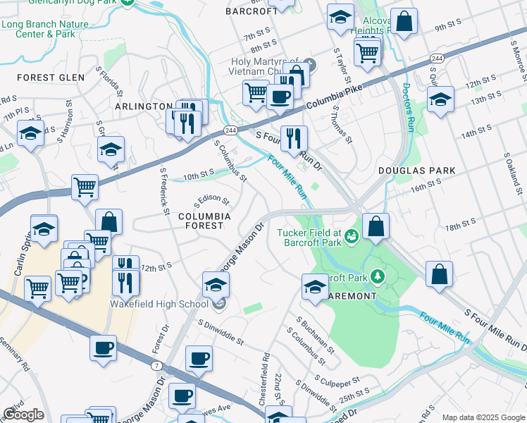 map of restaurants, bars, coffee shops, grocery stores, and more near 1801 South George Mason Drive in Arlington