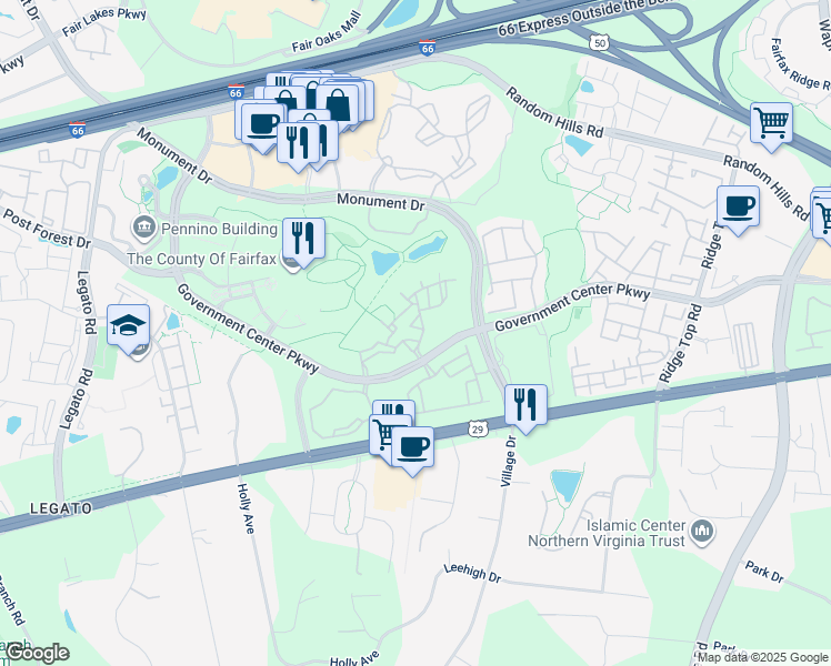 map of restaurants, bars, coffee shops, grocery stores, and more near 11703 Tumbrel Court in Fairfax