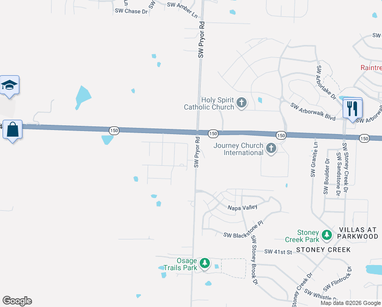 map of restaurants, bars, coffee shops, grocery stores, and more near 3923 Southwest Pryor Road in Lee's Summit