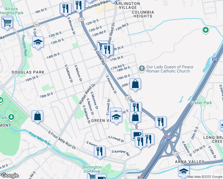map of restaurants, bars, coffee shops, grocery stores, and more near 1931 South Lowell Street in Arlington