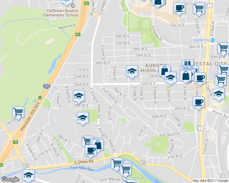 map of restaurants, bars, coffee shops, grocery stores, and more near 1044 26th Street South in Arlington
