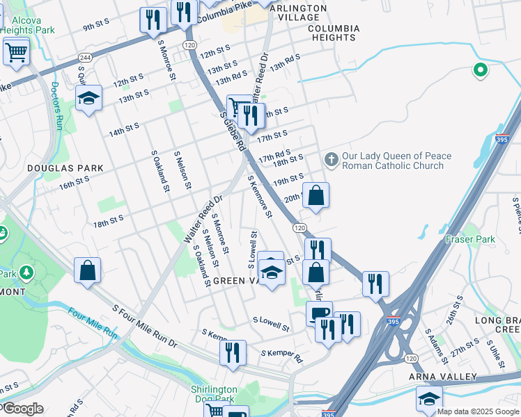map of restaurants, bars, coffee shops, grocery stores, and more near 1931 South Lowell Street in Arlington
