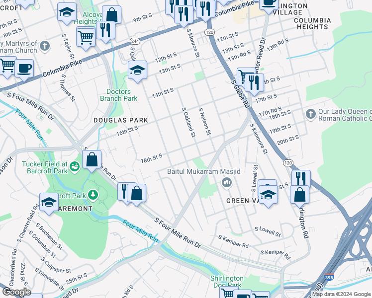 map of restaurants, bars, coffee shops, grocery stores, and more near 1801 South Pollard Street in Arlington