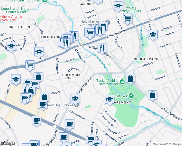 map of restaurants, bars, coffee shops, grocery stores, and more near 1801 South George Mason Drive in Arlington