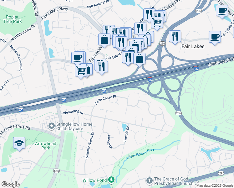 map of restaurants, bars, coffee shops, grocery stores, and more near 4966 Collin Chase Place in Fairfax