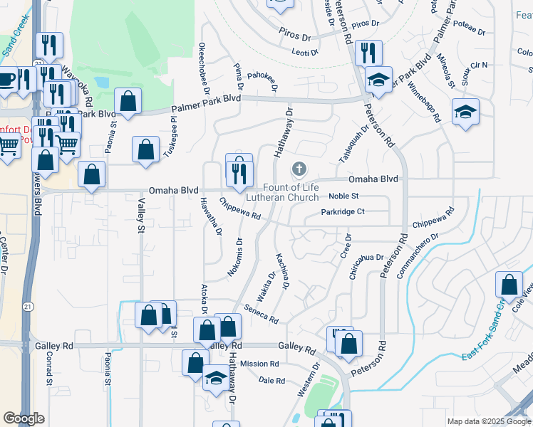 map of restaurants, bars, coffee shops, grocery stores, and more near 1466 Hathaway Drive in Colorado Springs
