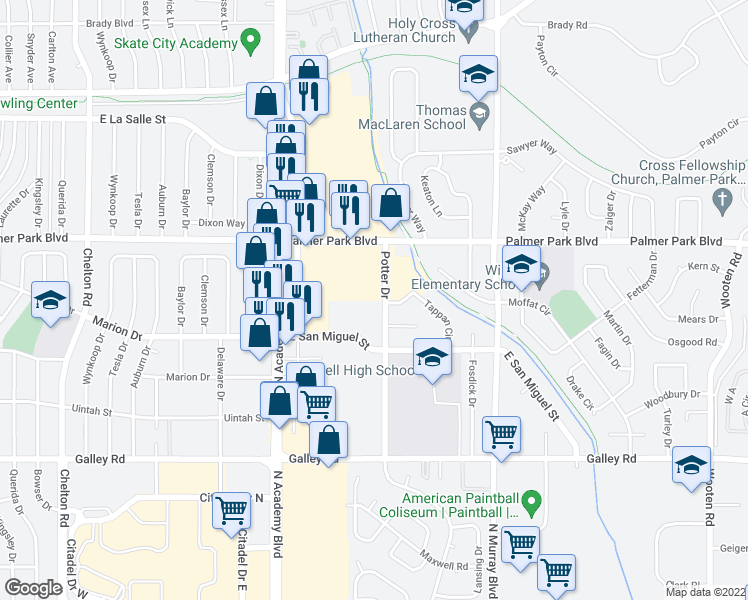map of restaurants, bars, coffee shops, grocery stores, and more near 1401 Potter Drive in Colorado Springs
