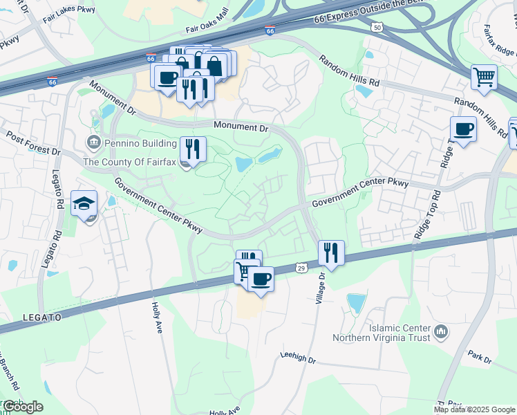 map of restaurants, bars, coffee shops, grocery stores, and more near 11709 Tumbrel Court in Fairfax