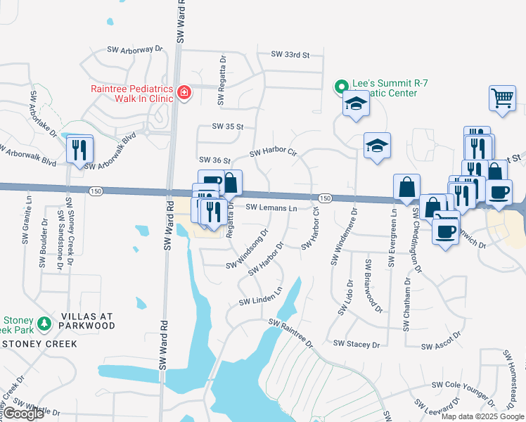map of restaurants, bars, coffee shops, grocery stores, and more near 732 Southwest Lemans Lane in Lee's Summit
