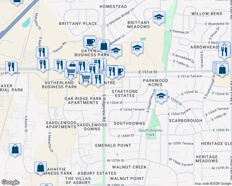 map of restaurants, bars, coffee shops, grocery stores, and more near 1320 East 152nd Street in Olathe