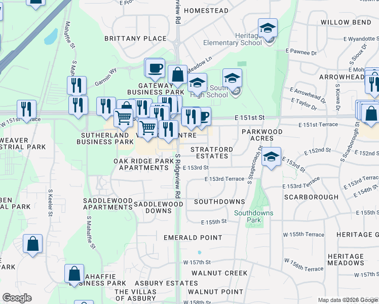 map of restaurants, bars, coffee shops, grocery stores, and more near 1302 East 152nd Street in Olathe