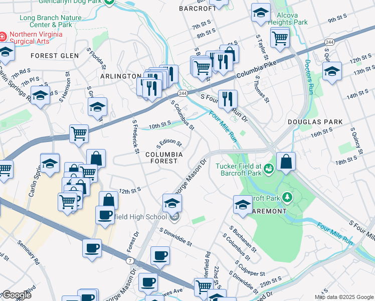 map of restaurants, bars, coffee shops, grocery stores, and more near 5016 11th Street South in Arlington