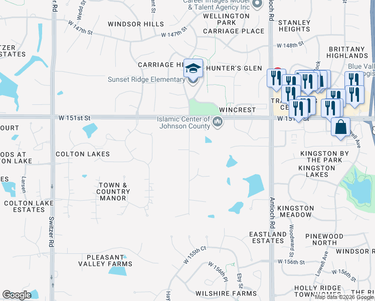 map of restaurants, bars, coffee shops, grocery stores, and more near 16220 England Street in Overland Park
