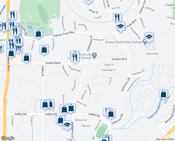 map of restaurants, bars, coffee shops, grocery stores, and more near 1431 Hathaway Drive in Colorado Springs