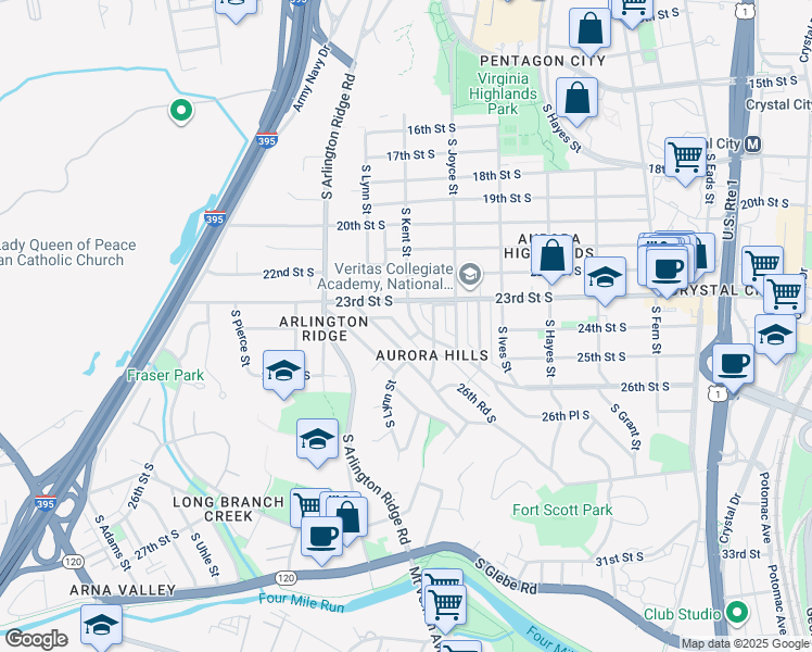 map of restaurants, bars, coffee shops, grocery stores, and more near 1044 26th Street South in Arlington