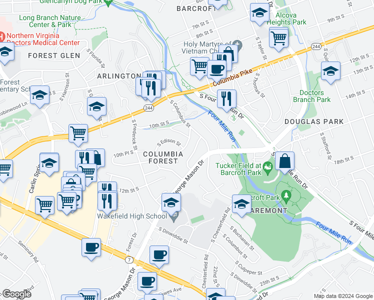 map of restaurants, bars, coffee shops, grocery stores, and more near 5016 11th Street South in Arlington