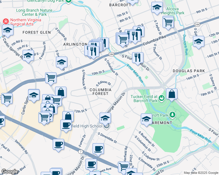 map of restaurants, bars, coffee shops, grocery stores, and more near 5105 11th Street South in Arlington