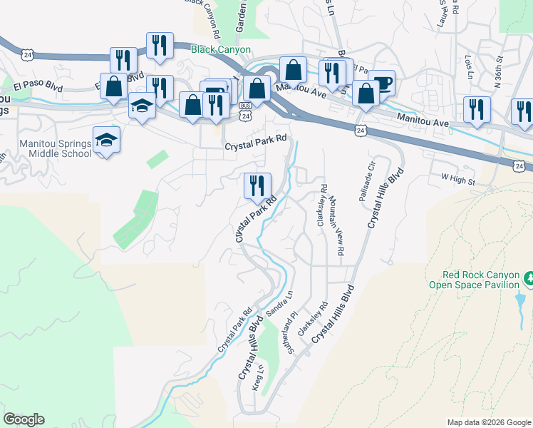 map of restaurants, bars, coffee shops, grocery stores, and more near 173 Chelten Road in Manitou Springs