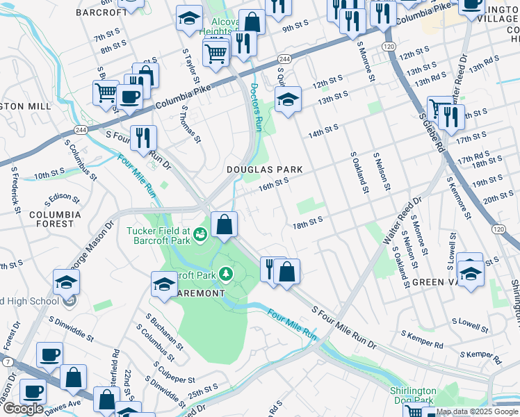 map of restaurants, bars, coffee shops, grocery stores, and more near 1625 South Taylor Street in Arlington