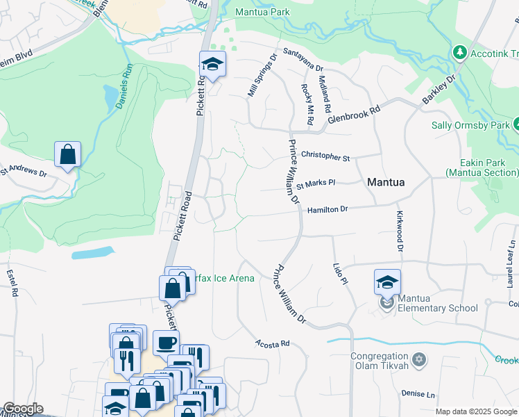 map of restaurants, bars, coffee shops, grocery stores, and more near 9310 Hamilton Drive in Fairfax