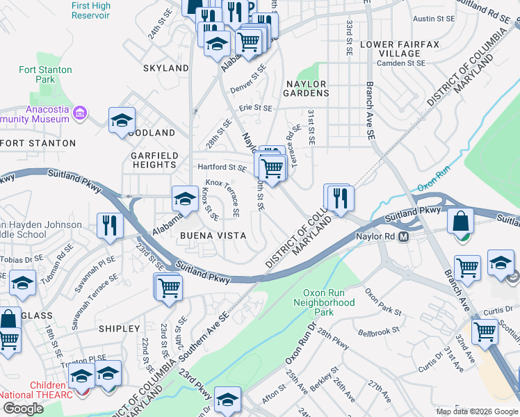 map of restaurants, bars, coffee shops, grocery stores, and more near Buena Vista Terrace Southeast in Washington