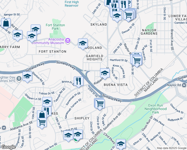 map of restaurants, bars, coffee shops, grocery stores, and more near 3113 24th Street Southeast in Washington