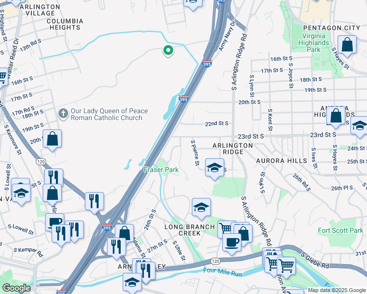 map of restaurants, bars, coffee shops, grocery stores, and more near 2317 South Queen Street in Arlington