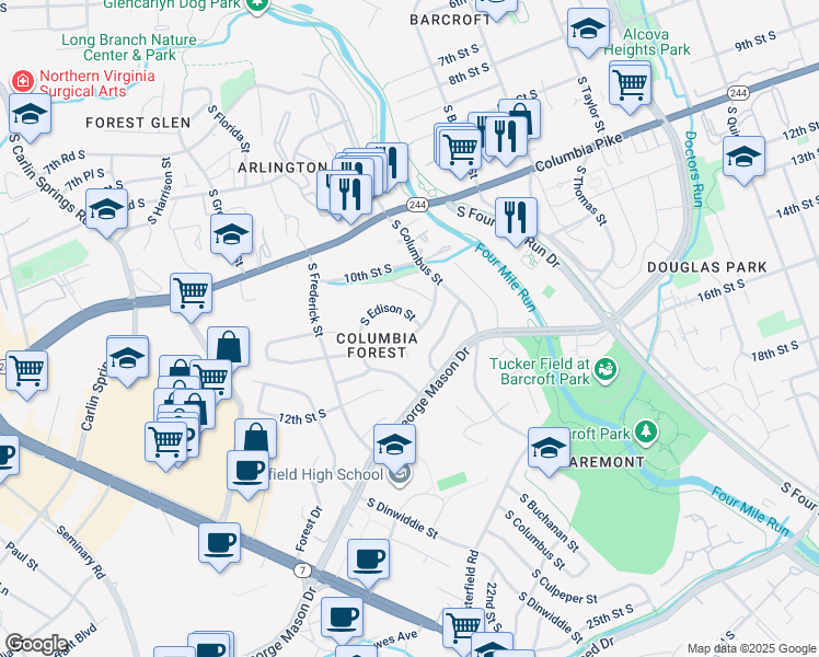 map of restaurants, bars, coffee shops, grocery stores, and more near 5105 11th Street South in Arlington