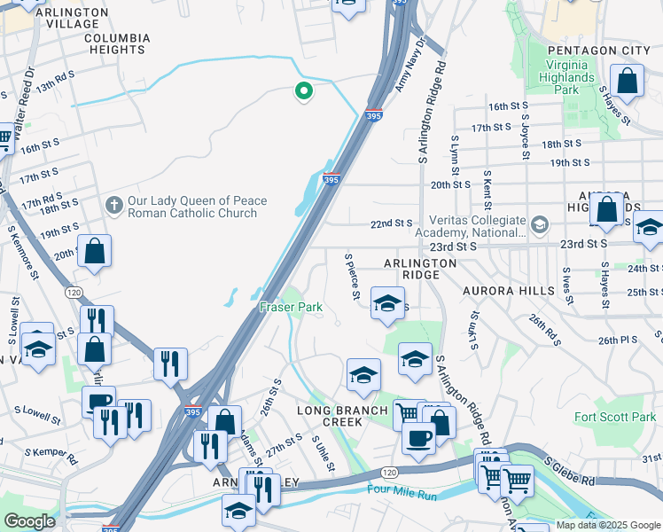 map of restaurants, bars, coffee shops, grocery stores, and more near 2317 South Queen Street in Arlington