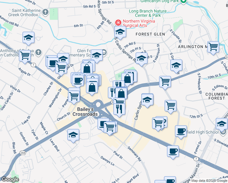 map of restaurants, bars, coffee shops, grocery stores, and more near 3418 Spring Lane in Falls Church